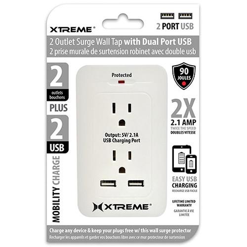 Xtreme Cables 2 Outlet Surge Wall Tap with Dual Port USB 28231
