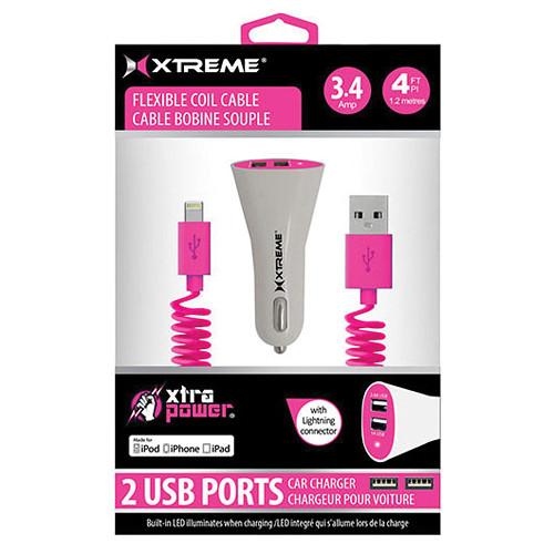 Xtreme Cables Dual Port Car Charger with 8-Pin Cable 86801, Xtreme, Cables, Dual, Port, Car, Charger, with, 8-Pin, Cable, 86801,