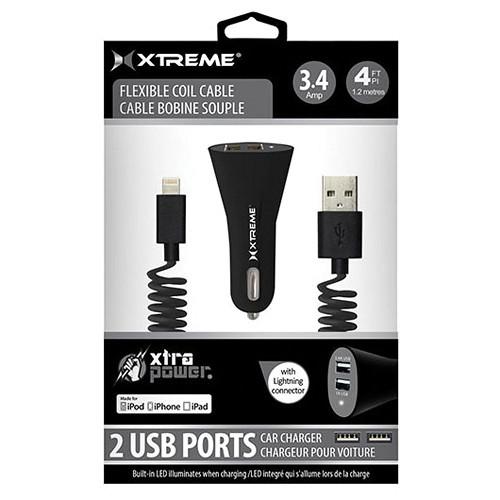 Xtreme Cables Dual Port Car Charger with 8-Pin Cable 86805