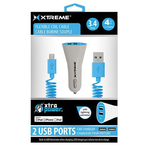 Xtreme Cables Dual Port Car Charger with 8-Pin Cable (Blue)