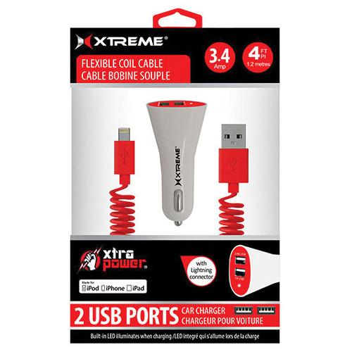 Xtreme Cables Dual Port Car Charger with 8-Pin Cable (Red) 86803, Xtreme, Cables, Dual, Port, Car, Charger, with, 8-Pin, Cable, Red, 86803