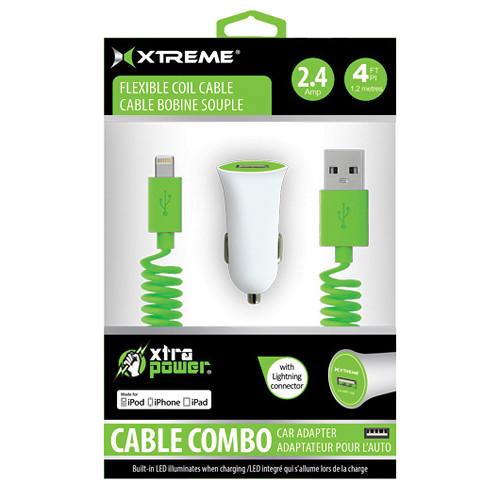 Xtreme Cables Car Charger with Lightning Cable (4', Green) 52775