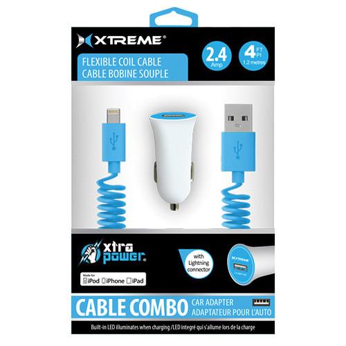 Xtreme Cables Car Charger with Lightning Cable (4', Blue) 52774