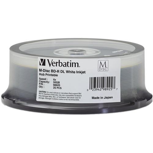 Verbatim 50GB BD-R DL 6X M-Disc White Inkjet Printable/Hub 98925, Verbatim, 50GB, BD-R, DL, 6X, M-Disc, White, Inkjet, Printable/Hub, 98925