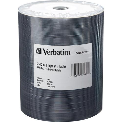 Verbatim DVD-R 4.7GB 16x Inkjet Printable Disc (100-Pack) 97016, Verbatim, DVD-R, 4.7GB, 16x, Inkjet, Printable, Disc, 100-Pack, 97016