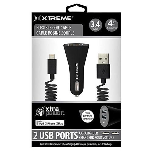 Xtreme Cables Dual Port Car Charger with 8-Pin Cable 86805, Xtreme, Cables, Dual, Port, Car, Charger, with, 8-Pin, Cable, 86805,