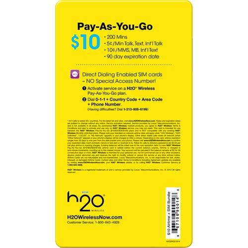 H2O WIRELESS $10 Pay-As-You-Go Plan 10-BUNDLE-AIRTME-TRIP-SIM